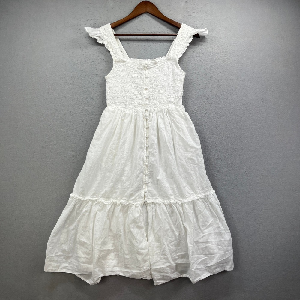 Anthropologie Dress Womens XSP White Smocked Ruffle Button Front Midi Coquette